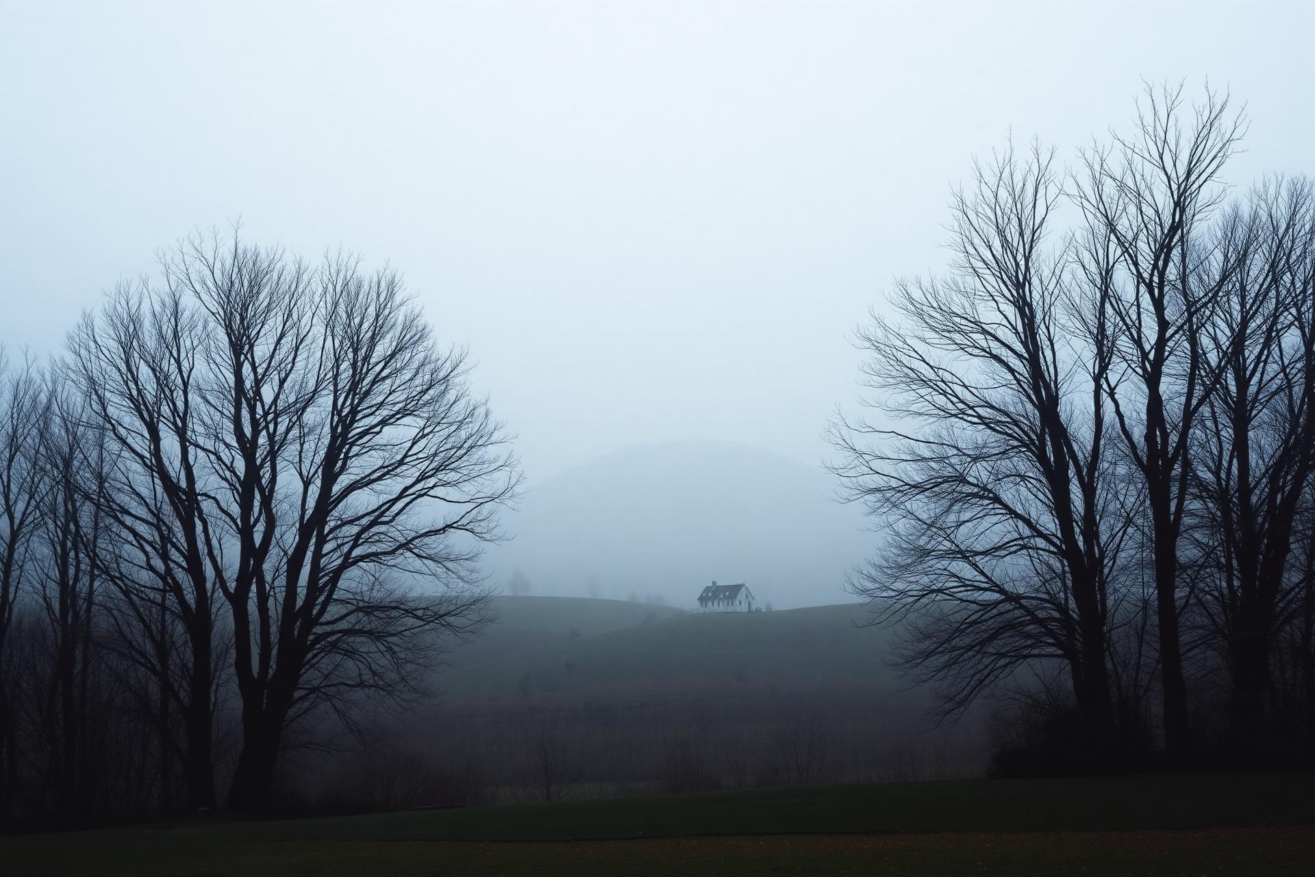 A foggy New England landscape with a distant farmhouse