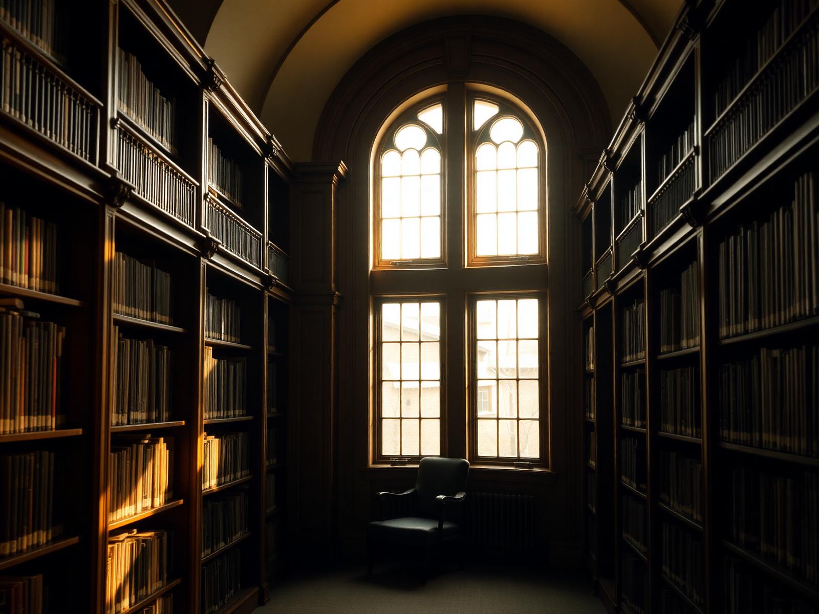 A quiet library interior with a single reading chair