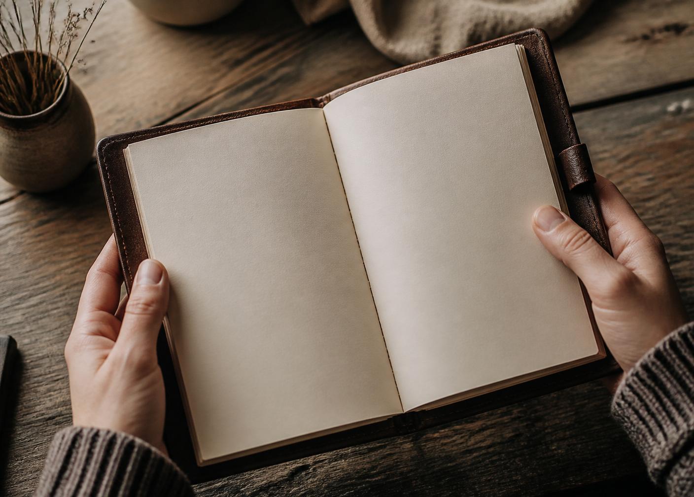 Hands holding an open leather notebook on a wooden table