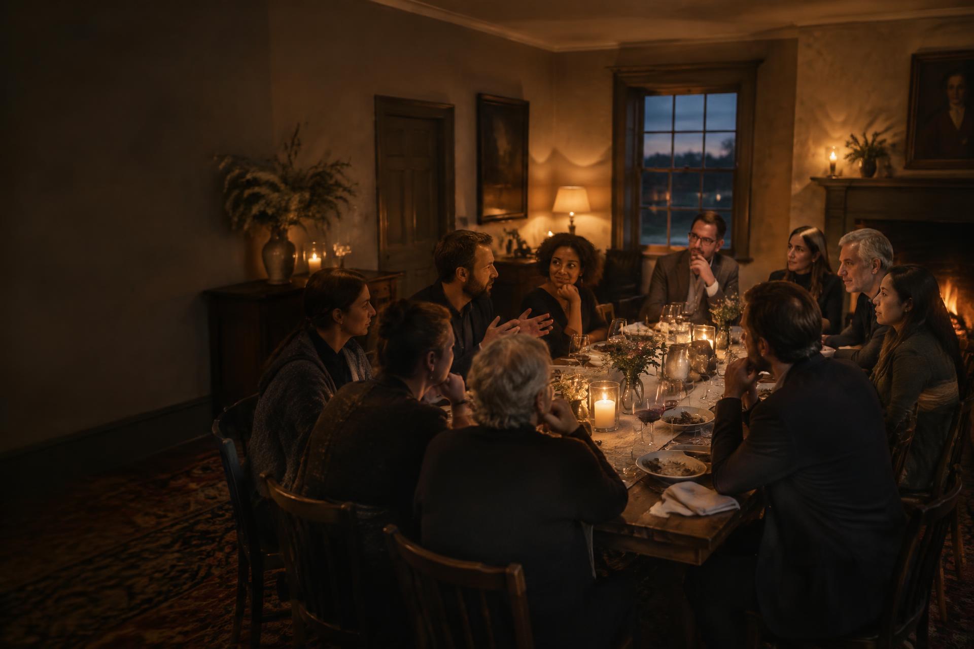 A candlelit dinner table set for conversation